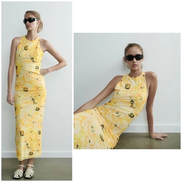 Zara Mesh Lined Open Twist back Floral Yellow Maxi Dress Sz S Sleeveless NWT - Picture 1 of 10